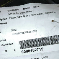 2001-2005 HONDA CIVIC CPE 2 DOOR DRIVER LEFT SIDE POWER DOOR MIRROR BLACK 26386 - BIGGSMOTORING.COM