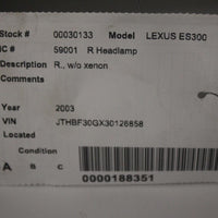 2002-2004 LEXUS ES300 FRONT PASSENGER RIGHT SIDE HEADLIGHT 30133 - BIGGSMOTORING.COM