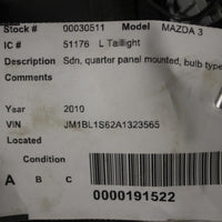 2010-2013 MAZDA 3 SEDAN DRIVER LEFT SIDE REAR TAIL LIGHT 30511 Re#biggs