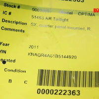 2011-2013 Kia Optima Passenger Right Side Rear Tail Light 35057